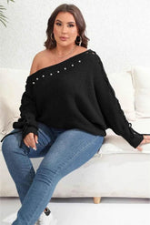 Plus Size One Shoulder Beaded Sweater - GiFTiFY