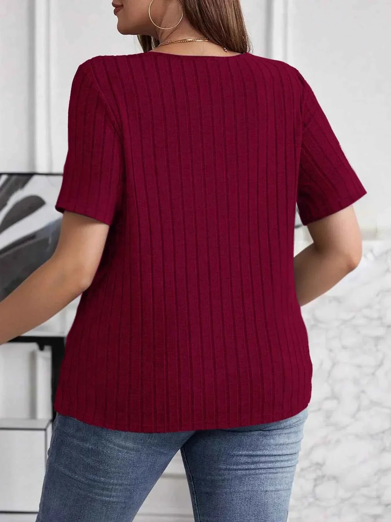 Plus Size V-Neck Short Sleeve Ribbed T-Shirt