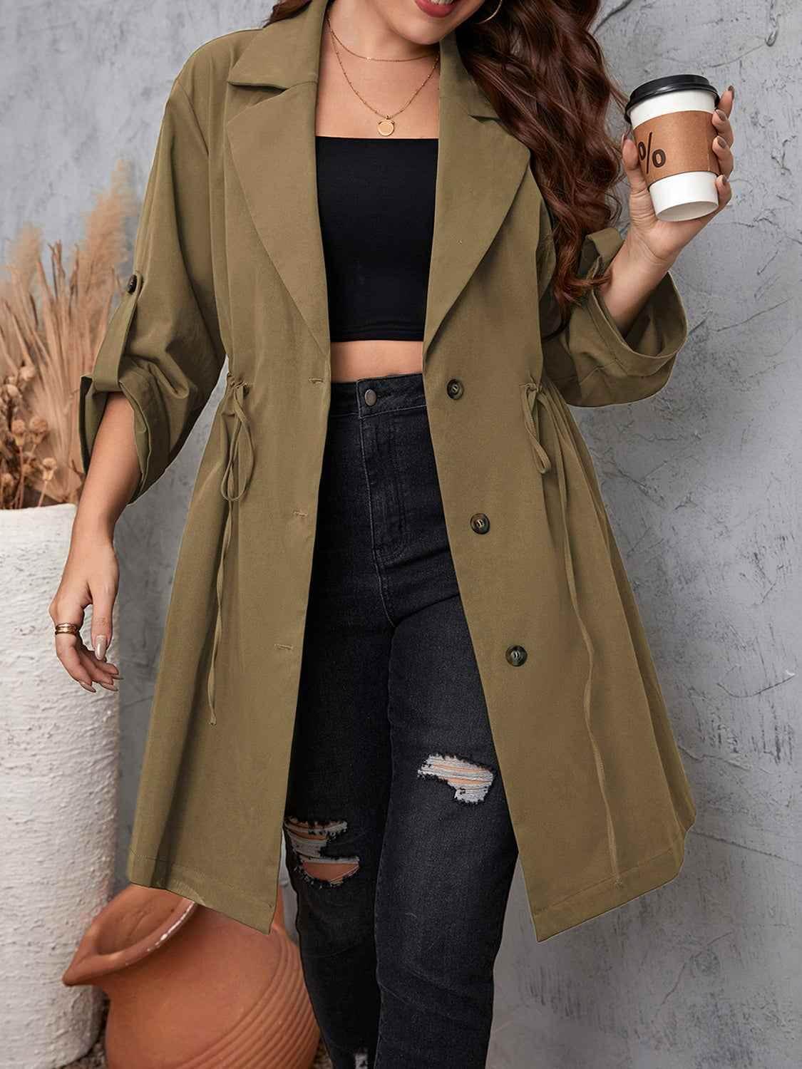 Honey Plus Size Lapel Collar Drawstring Roll-Tab Sleeve Trench Coat - GiFTiFY