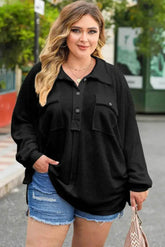 Plus Size Half Button Collared Neck Long Sleeve Blouse - GiFTiFY
