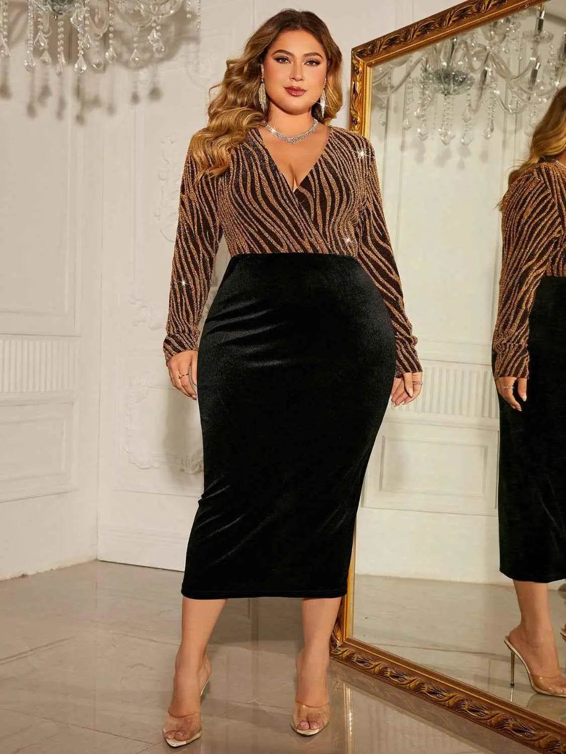 Honey Plus Size Surplice Neck Long Sleeve Slit Dress - GiFTiFY