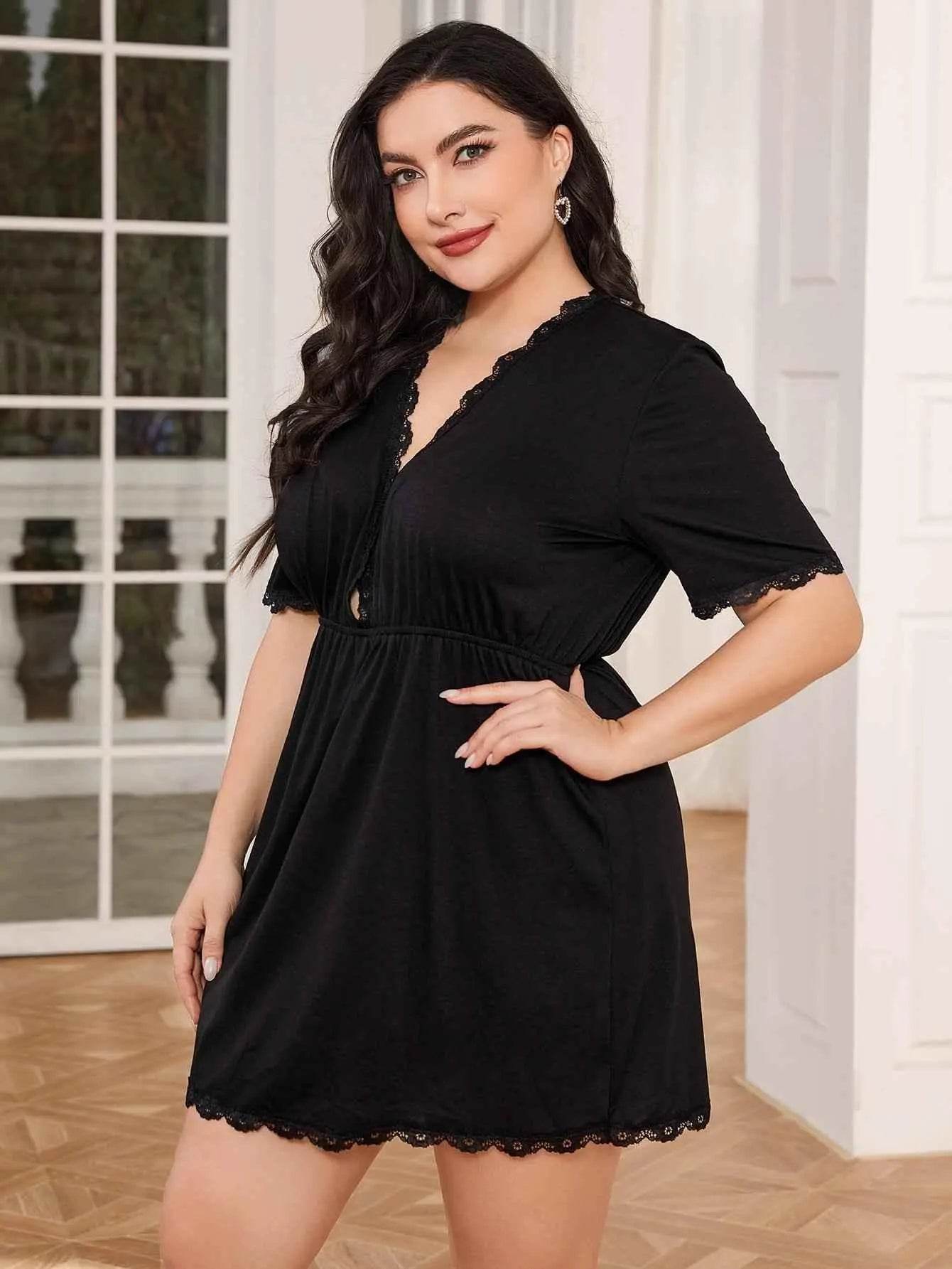 Plus Size Lace Trim Deep V Night Dress - GiFTiFY