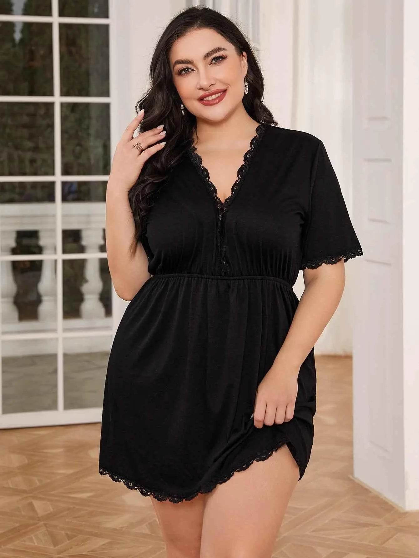 Plus Size Lace Trim Deep V Night Dress - GiFTiFY