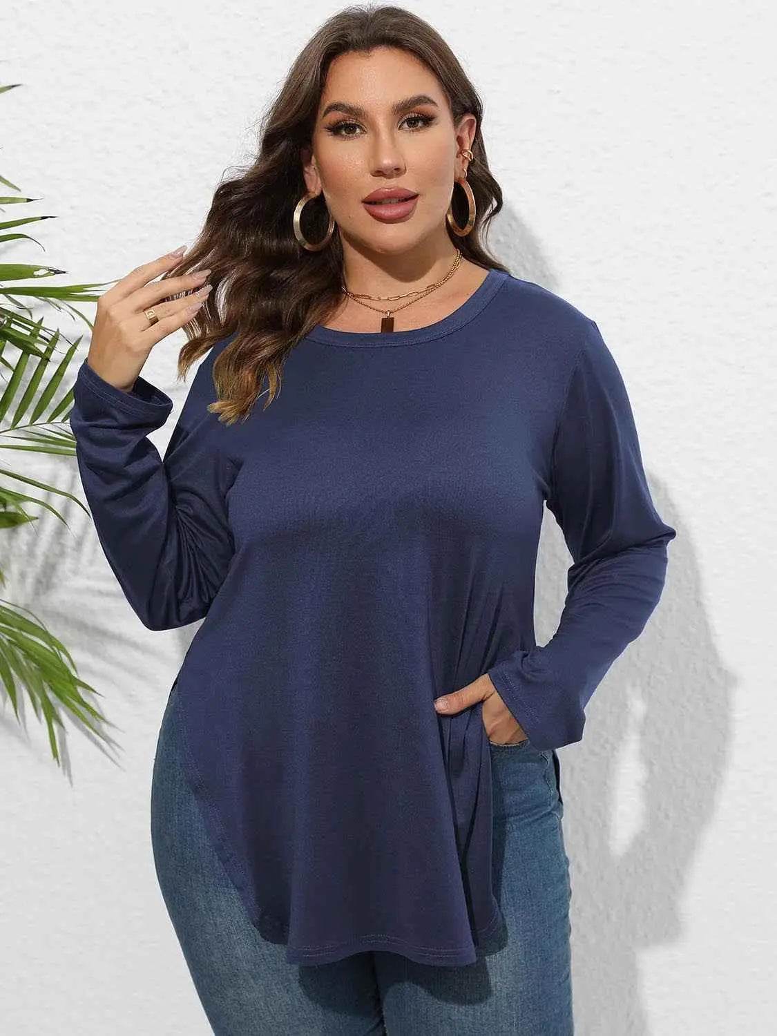 Plus Size Round Neck Long Sleeve Slit T-Shirt - GiFTiFY