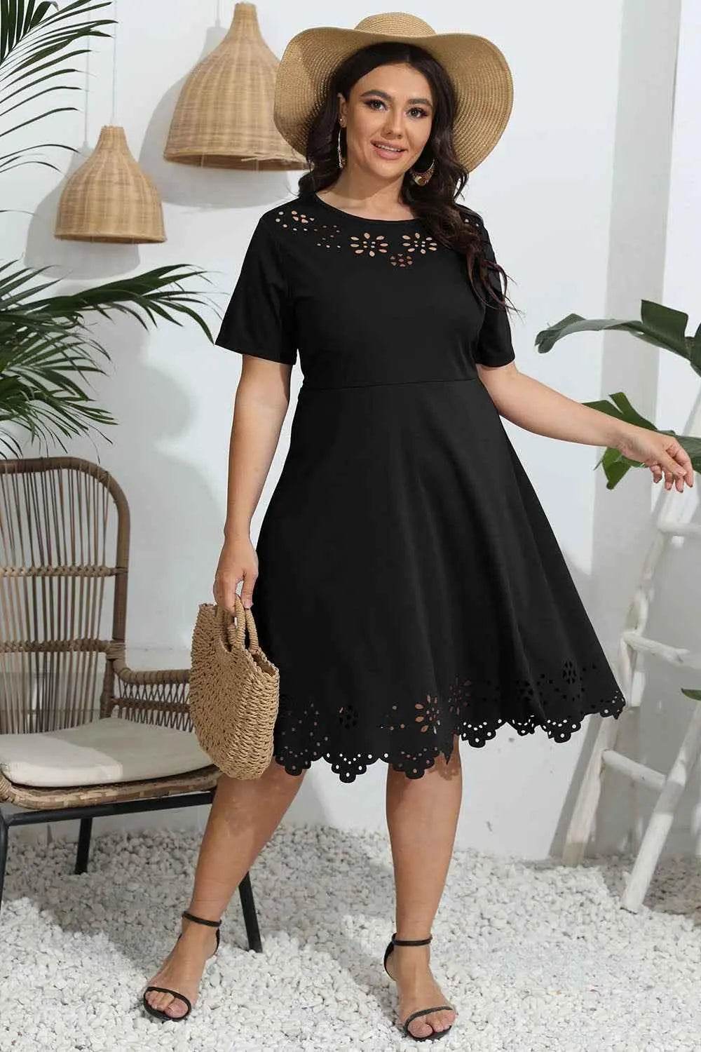 Plus Size Round Neck Openwork Dress - GiFTiFY