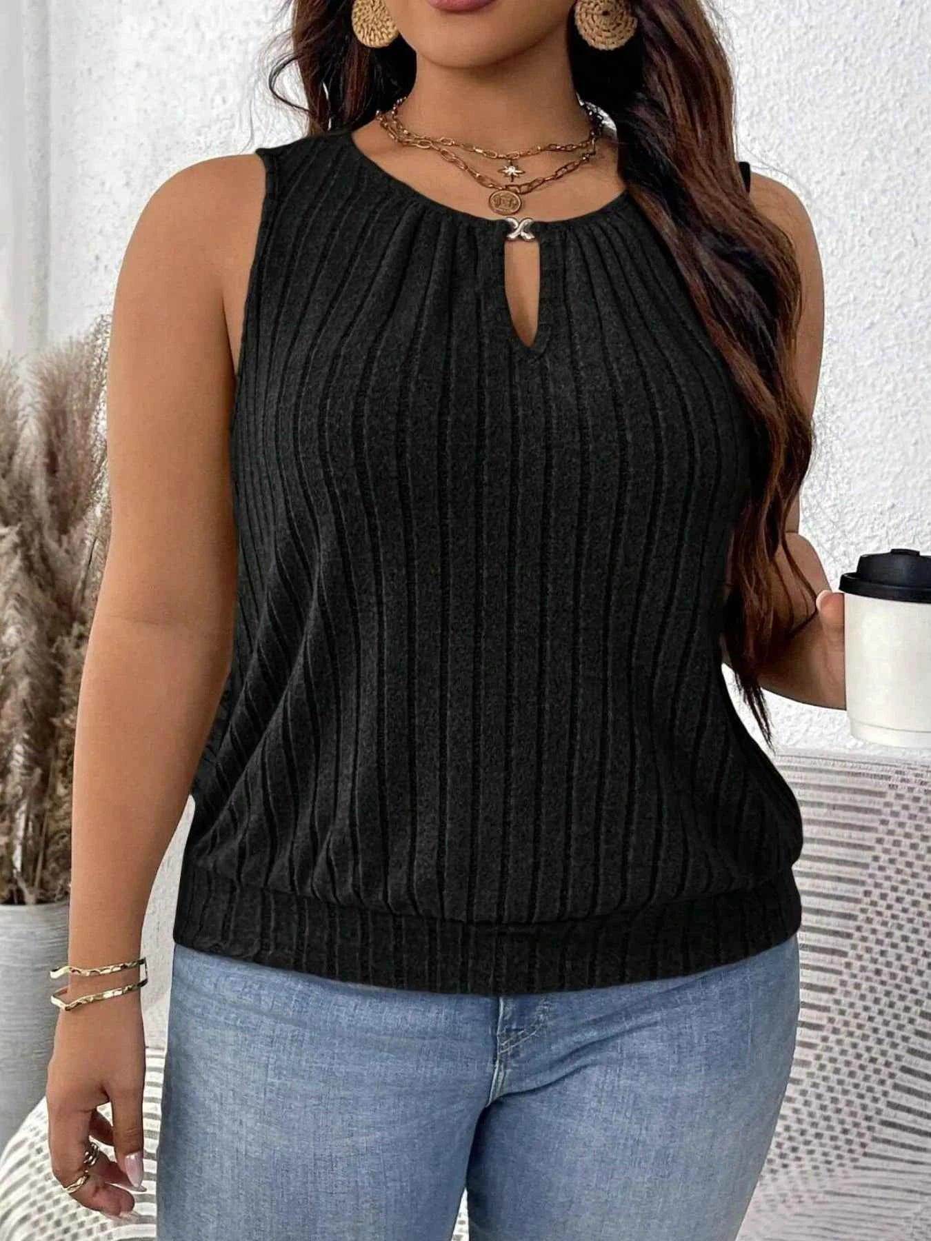 Plus Size Ribbed Knit Keyhole Tank Top - GiFTiFY