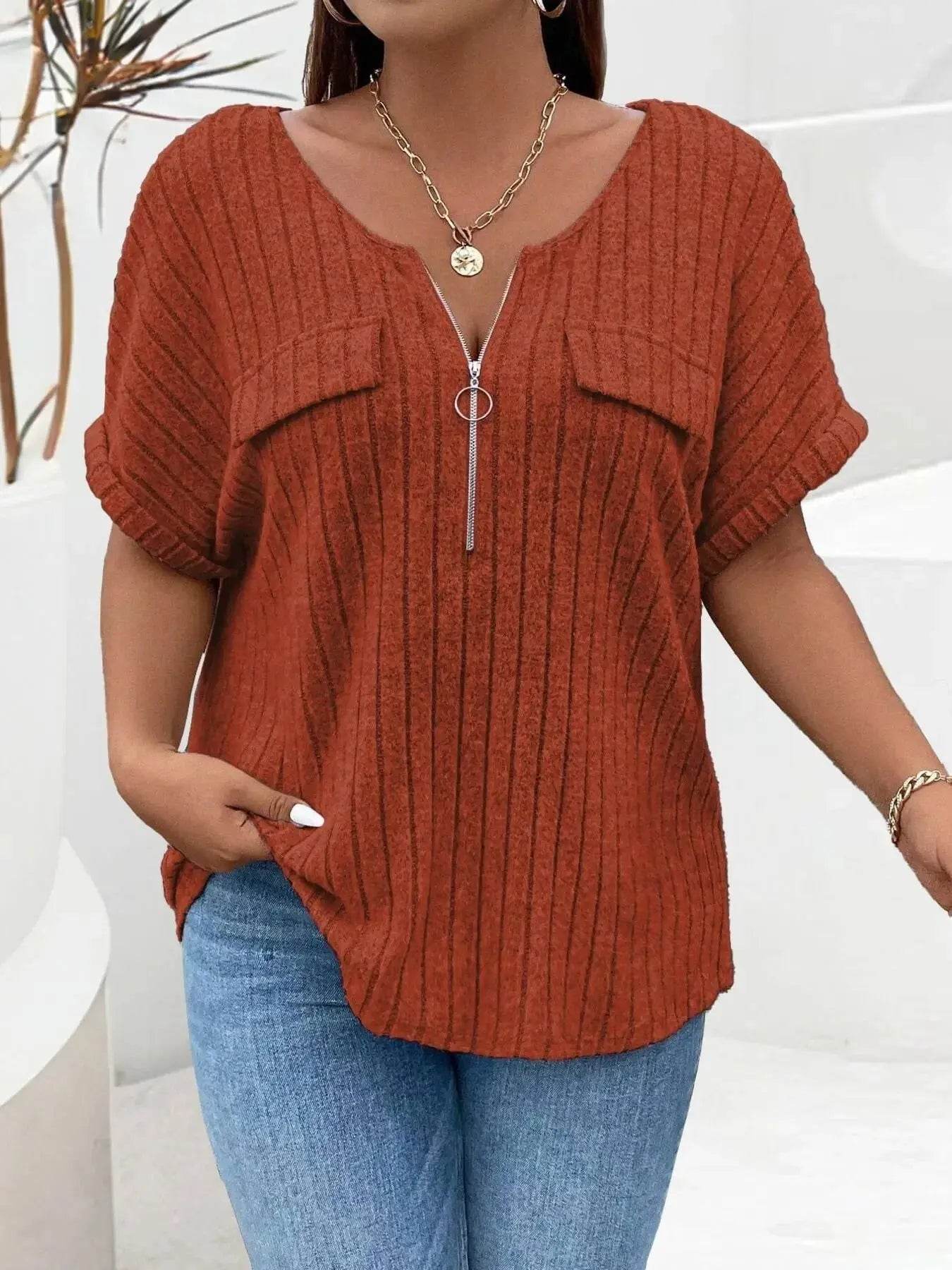 Plus Size Ribbed Half Zip Relaxed Fit T-Shirt - GiFTiFY