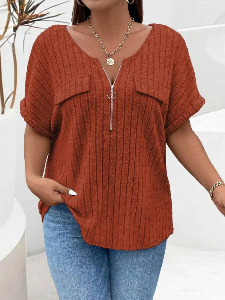 Plus Size Ribbed Half Zip Relaxed Fit T-Shirt - GiFTiFY