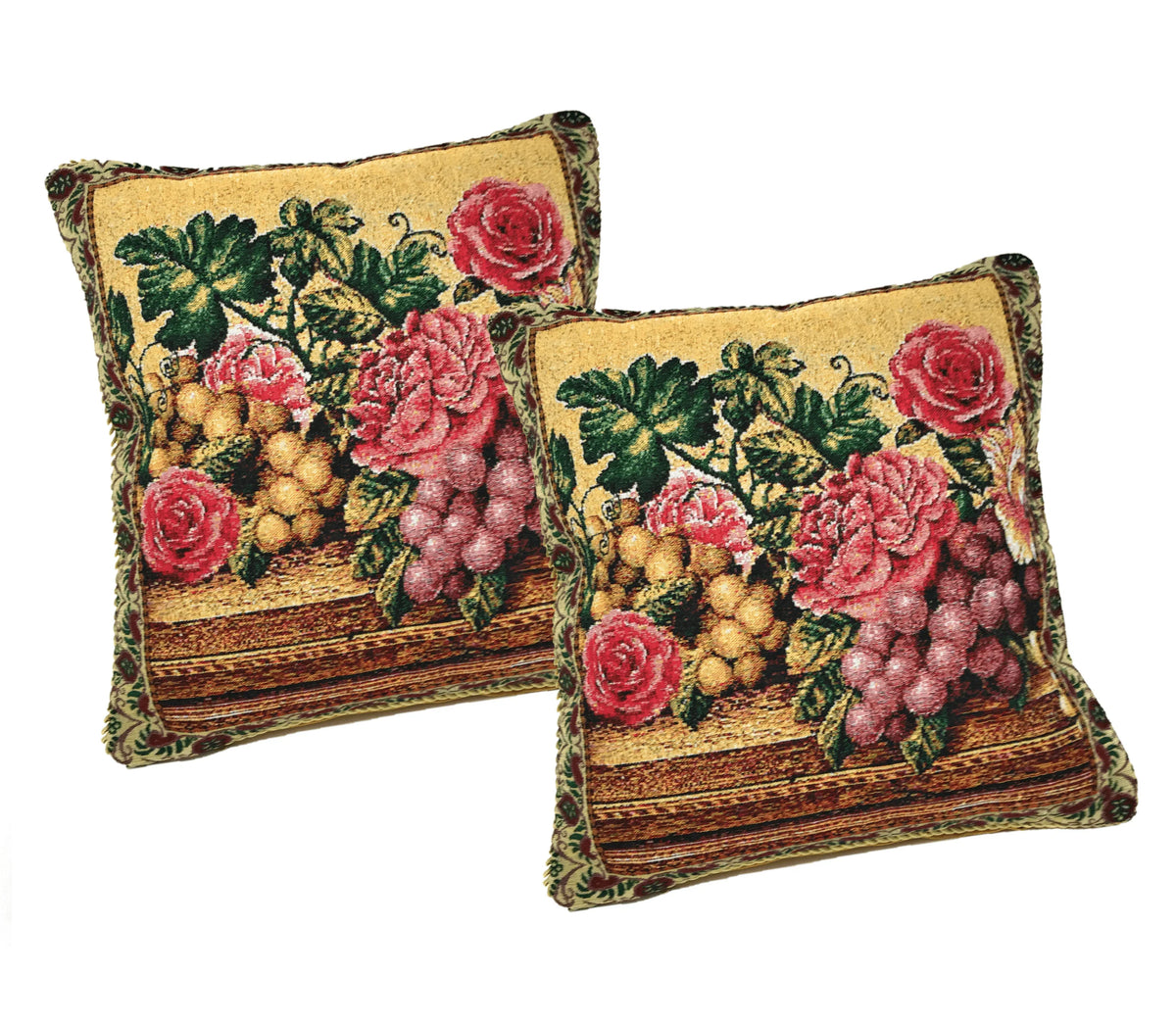DaDa Bedding Set of 2-Pieces Parade Fruit & Roses Garden Tapestry Throw Pillow Covers w/ Inserts - 18" x 18" Pillows by DaDalogy Bedding Collection