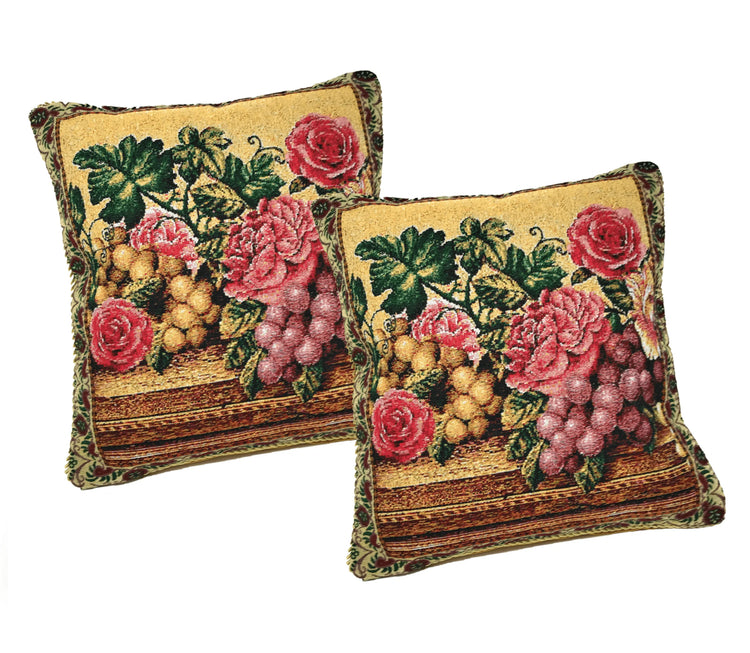 DaDa Bedding Set of 2-Pieces Parade Fruit & Roses Garden Tapestry Throw Pillow Covers w/ Inserts - 18" x 18"