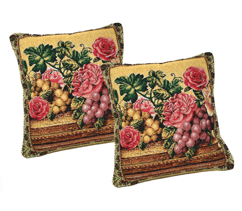 DaDa Bedding Set of 2-Pieces Parade Fruit & Roses Garden Tapestry Throw Pillow Covers w/ Inserts - 18" x 18" Pillows by DaDalogy Bedding Collection