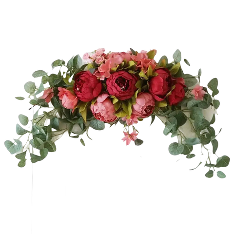 Floral swag with red and pink peonies.