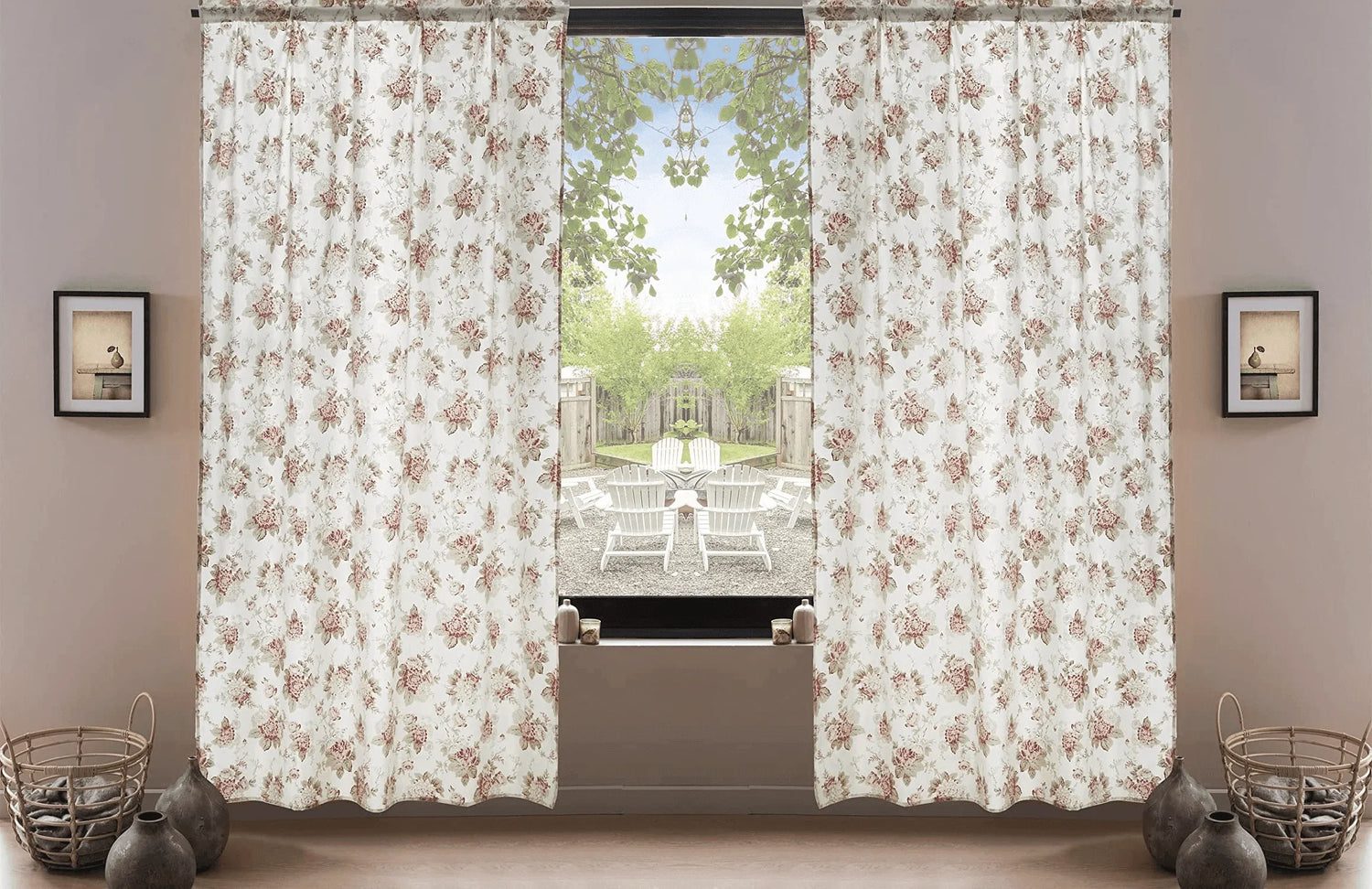 DaDa Bedding Set of 2-Pieces Hint of Mint Dainty Floral Pink Roses Cottage Sheer Window Panel Curtains (JHW3036) Curtains by DaDalogy Bedding Collection