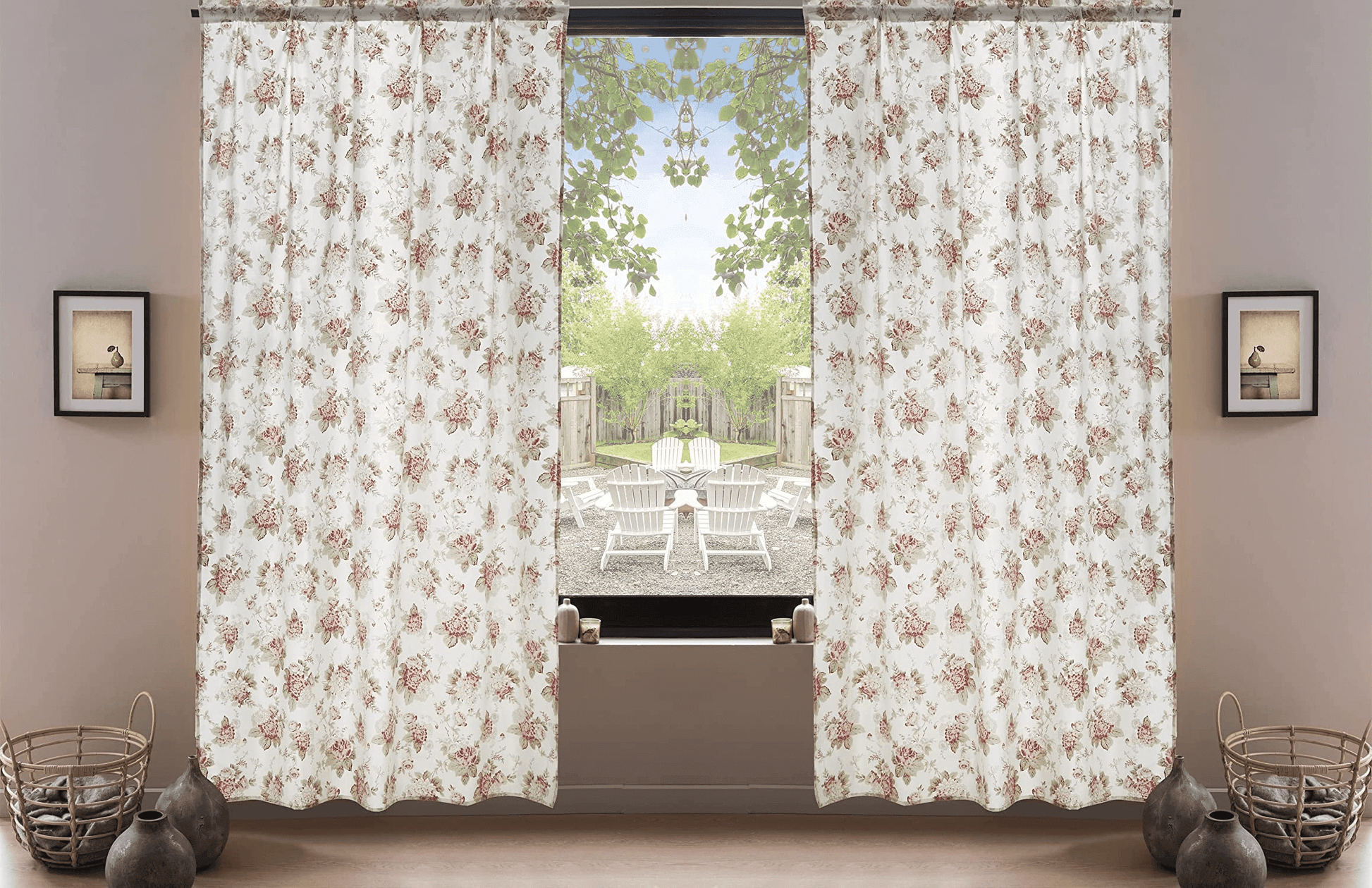 DaDa Bedding Set of 2-Pieces Hint of Mint Dainty Floral Pink Roses Cottage Sheer Window Panel Curtains (JHW3036)