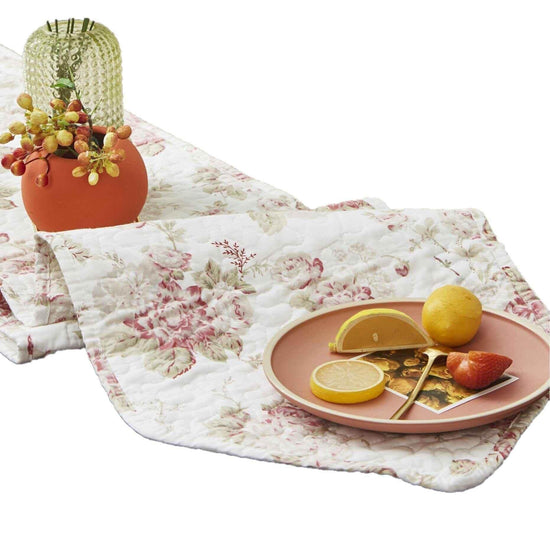 DaDa Bedding Hint of Mint Cottage Floral Roses Quilted Cotton Dining Table Runner (3036) - GiFTiFY