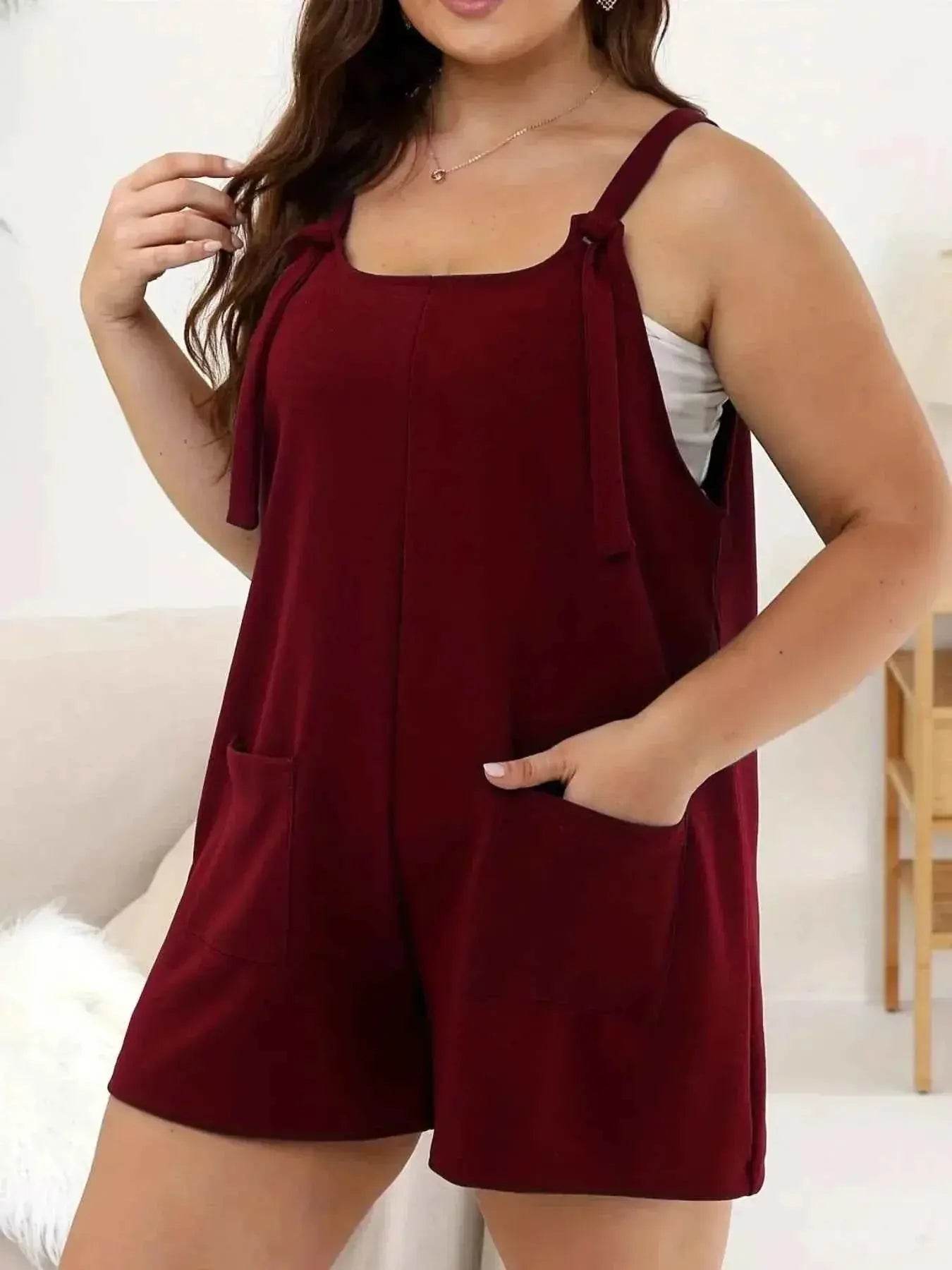 Plus Size Knotted Strap Romper with Pockets - GiFTiFY