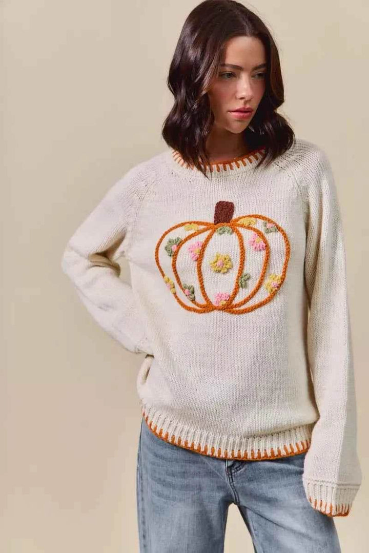 SO ME Pumpkin Floral Embroidered Thanksgiving Sweater - GiFTiFY