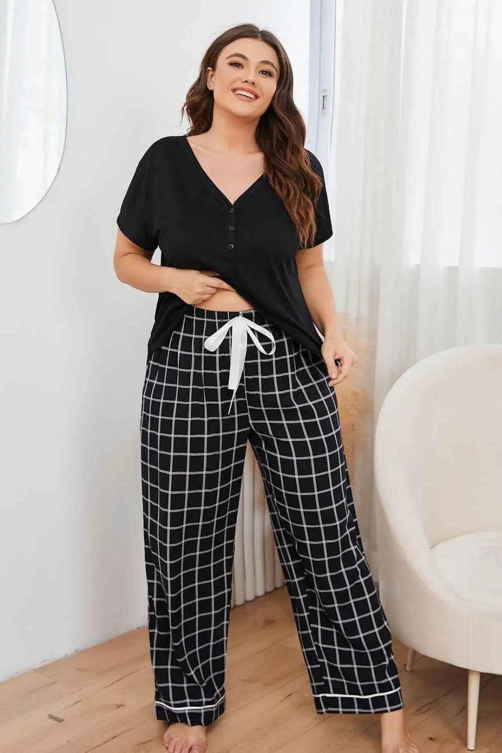 Plus Size V-Neck Top and Plaid Pants Lounge Set - GiFTiFY