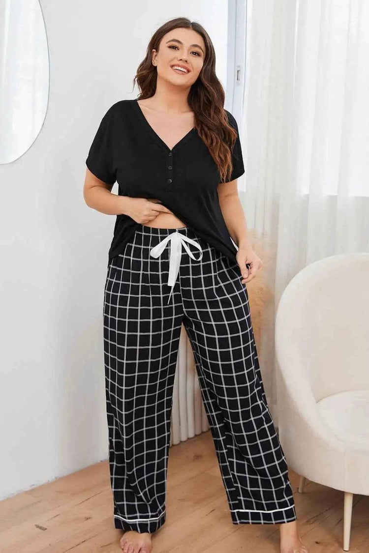 Plus Size V-Neck Top and Plaid Pants Lounge Set - GiFTiFY
