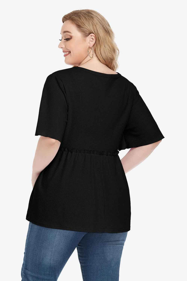 Plus Size Buttoned V-Neck Frill Trim Babydoll Blouse - GiFTiFY