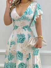 Plus Size Floral Print V-Neck Maxi Dress with Flutter Sleeves - GiFTiFY