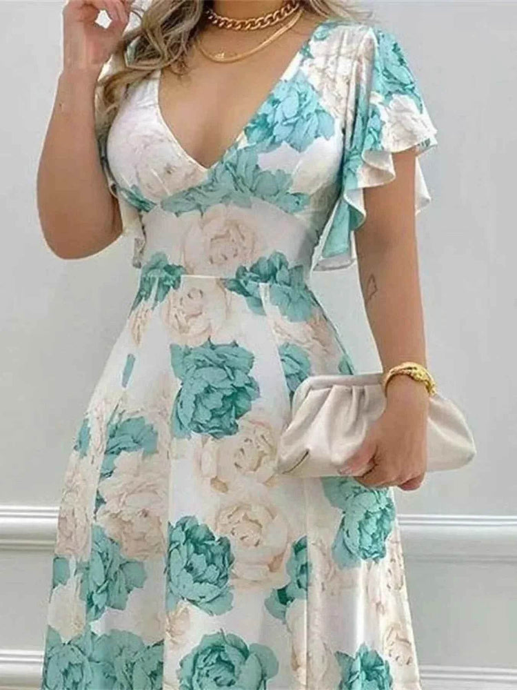 Plus Size Floral Print V-Neck Maxi Dress with Flutter Sleeves - GiFTiFY