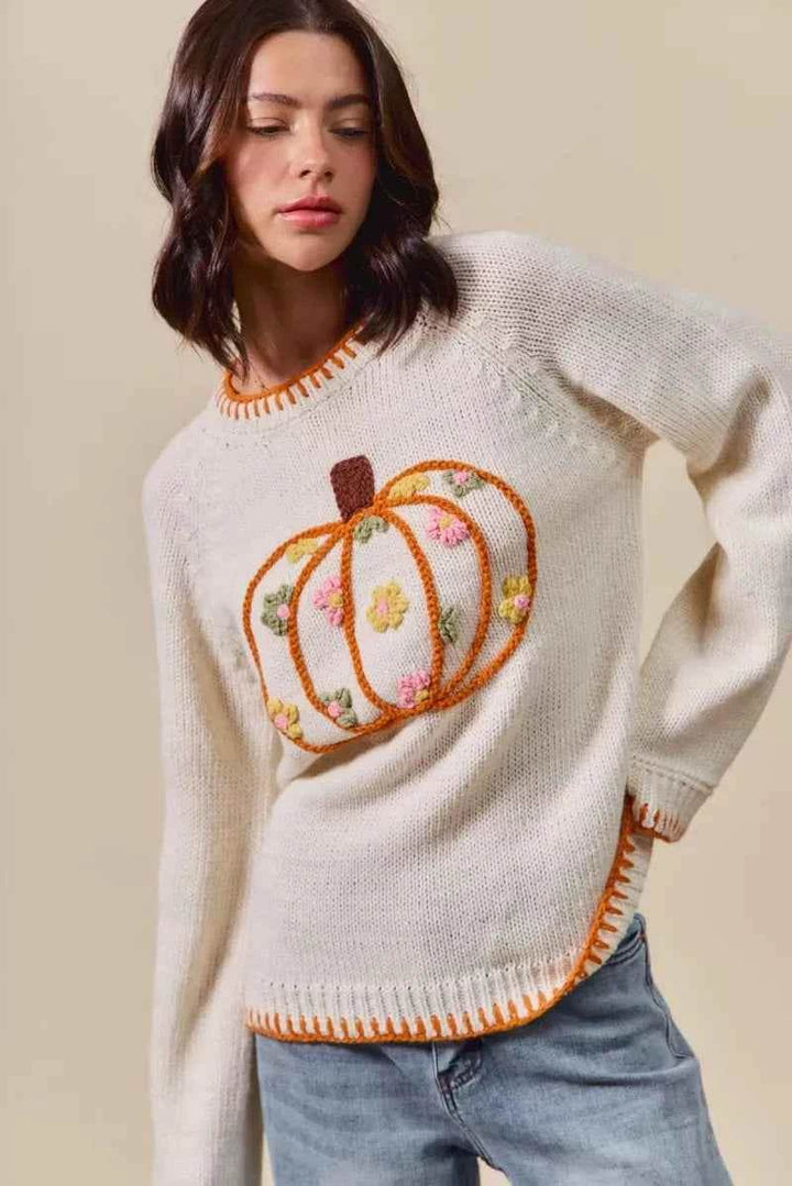 SO ME Pumpkin Floral Embroidered Thanksgiving Sweater - GiFTiFY