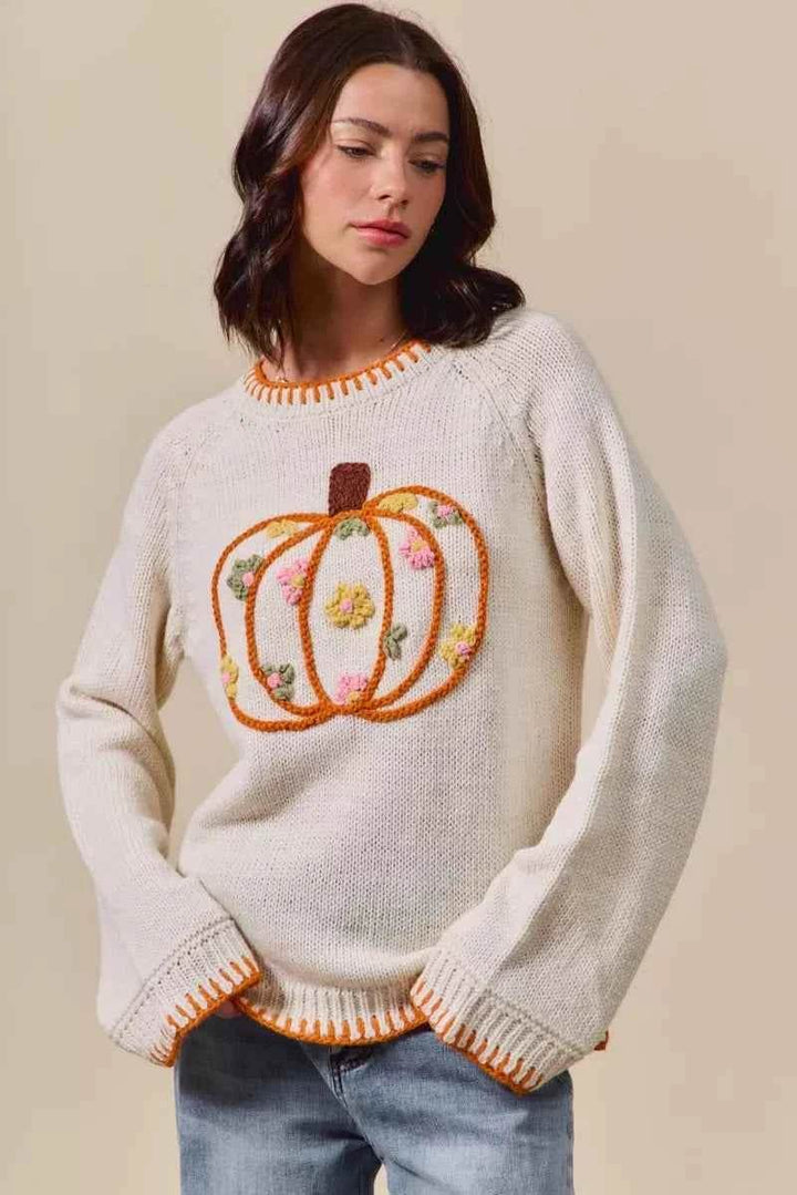 SO ME Pumpkin Floral Embroidered Thanksgiving Sweater - GiFTiFY