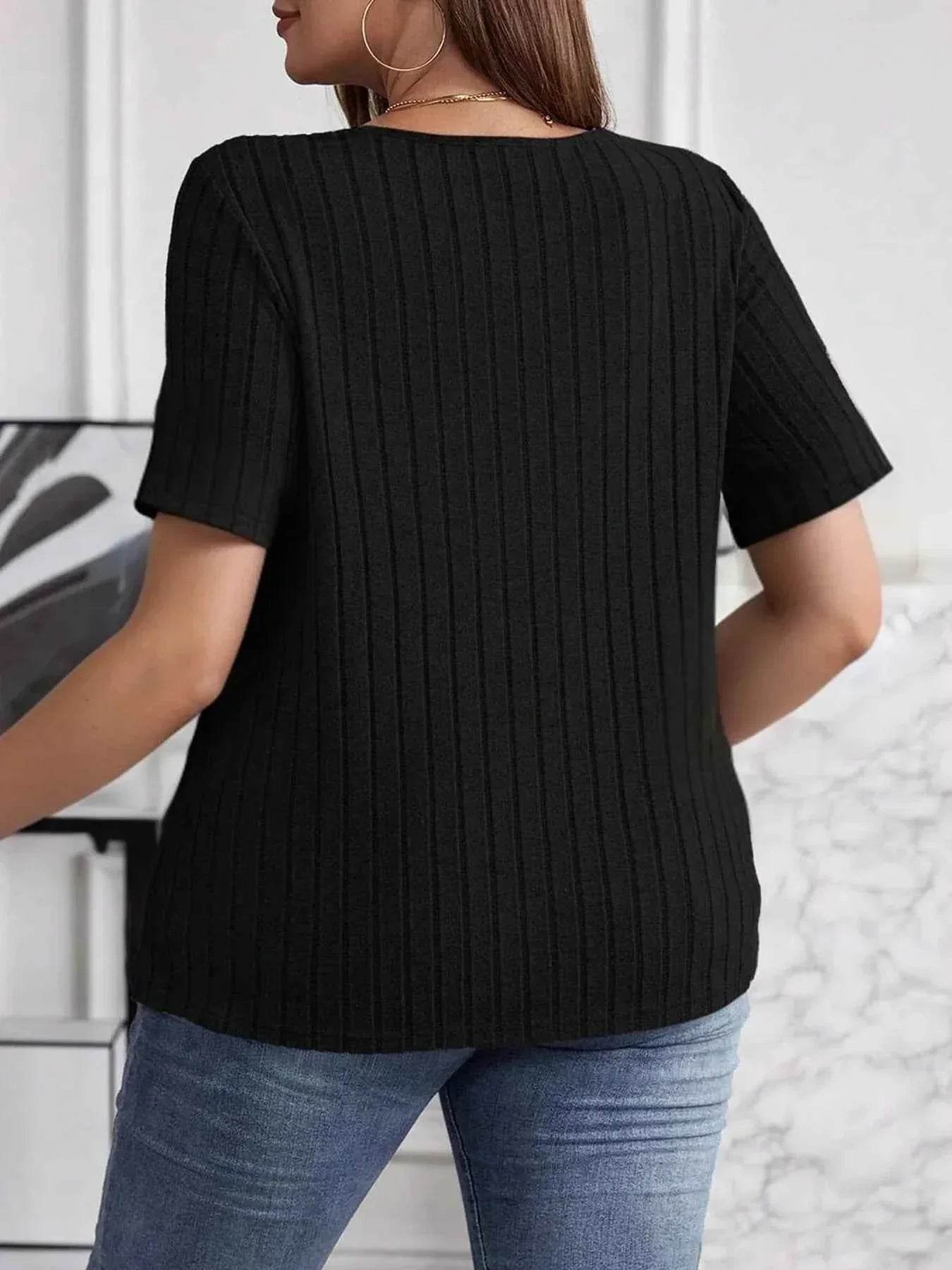 Plus Size V-Neck Short Sleeve Ribbed T-Shirt - GiFTiFY