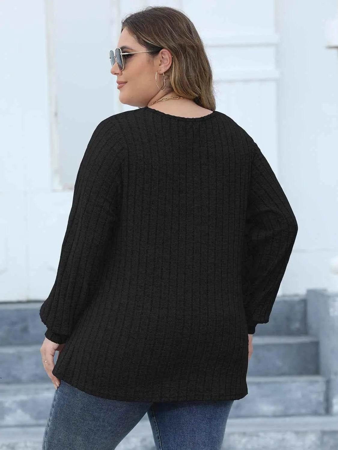 Plus Size Ribbed V-Neck Long Sleeve Top - GiFTiFY