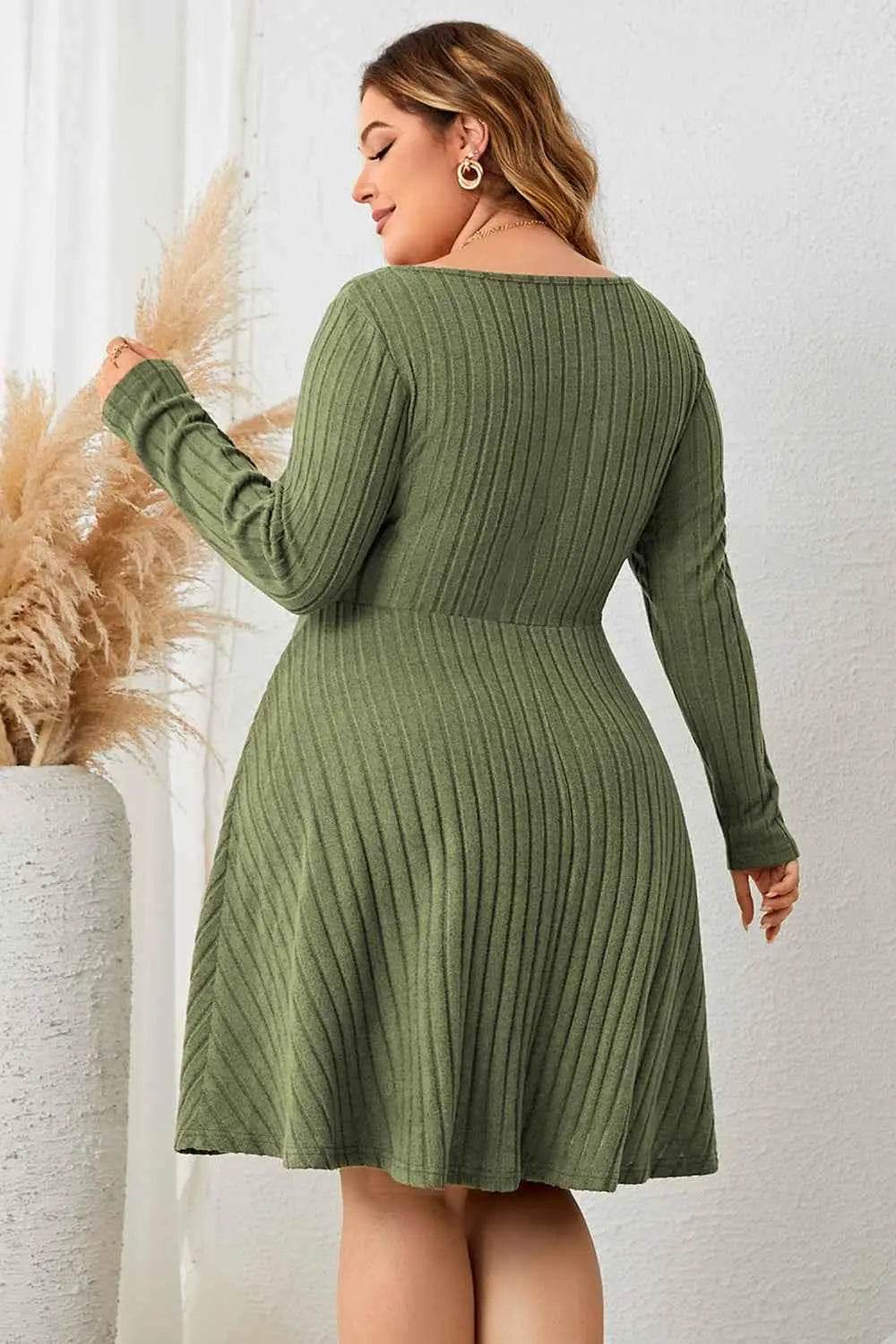 Honey Plus Size Sweetheart Neck Long Sleeve Ribbed Dress - GiFTiFY