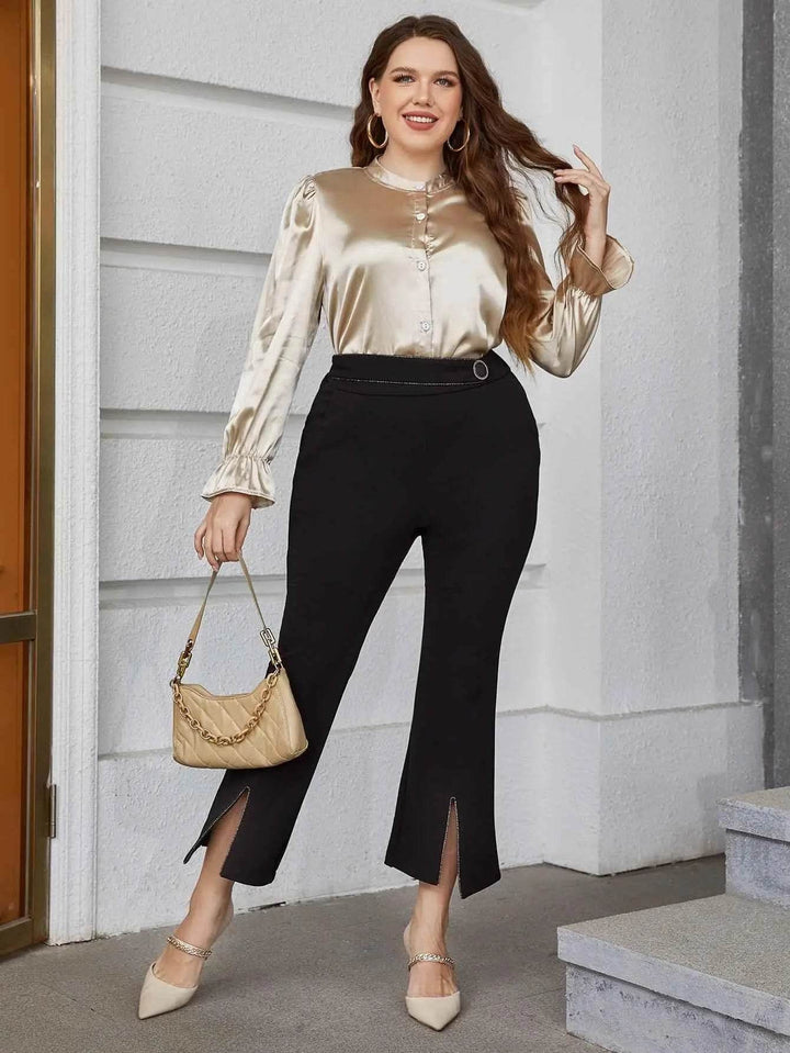 Plus Size Flounce Sleeve Band Collar Shirt - GiFTiFY