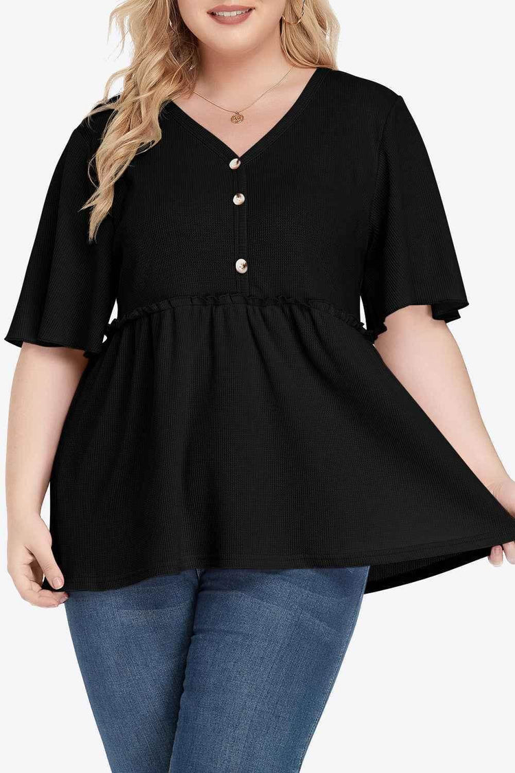 Plus Size Buttoned V-Neck Frill Trim Babydoll Blouse - GiFTiFY