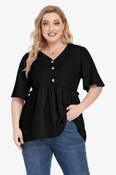 Plus Size Buttoned V-Neck Frill Trim Babydoll Blouse - GiFTiFY