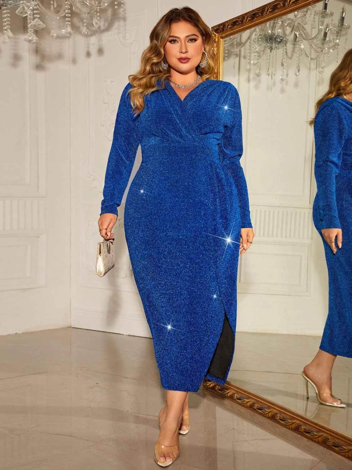 Honey Plus Size Surplice Neck Slit Dress - GiFTiFY