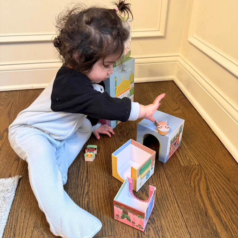 Stacking Houses (Set of 5 Houses and 3 Hardwood Characters) by Lala + Mo