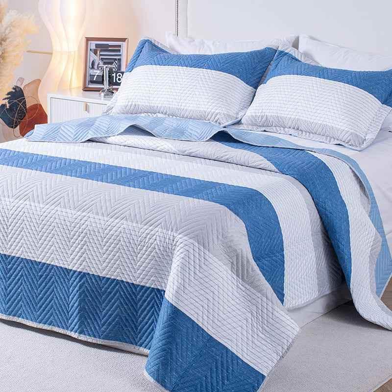 Kasentex Lightweight Reversible Stripe Quilt Set Bedding- Sky Blue and Ivory White, Room Decor, Graduation Gifts, Father&
