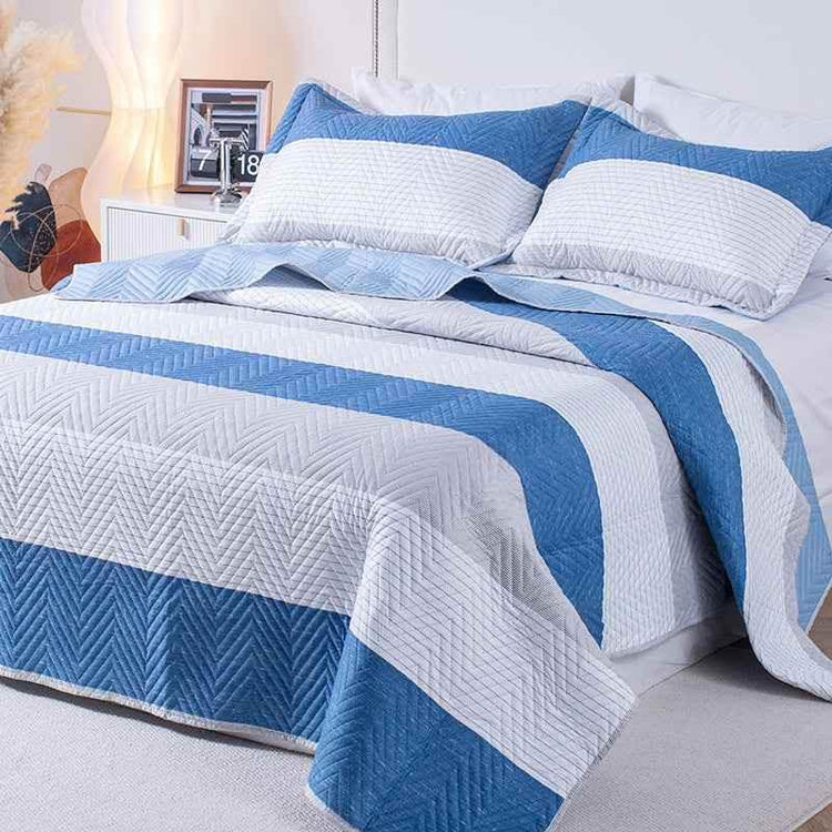 Kasentex Lightweight Reversible Stripe Quilt Set Bedding- Sky Blue and Ivory White, Room Decor, Graduation Gifts, Father&