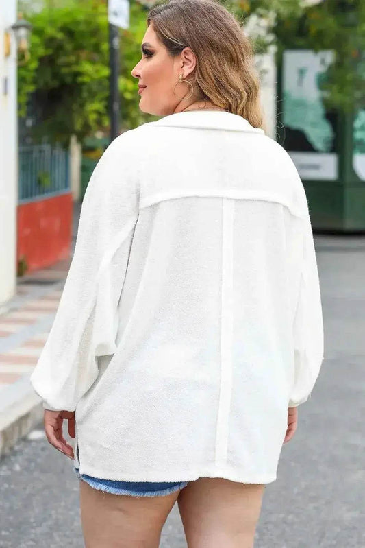 Plus Size Half Button Collared Neck Long Sleeve Blouse - GiFTiFY