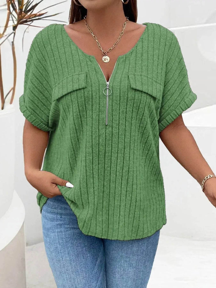 Plus Size Ribbed Half Zip Relaxed Fit T-Shirt - GiFTiFY