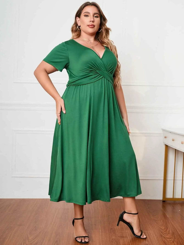 Honey Plus Size Short Sleeve Surplice Neck Midi Dress - GiFTiFY