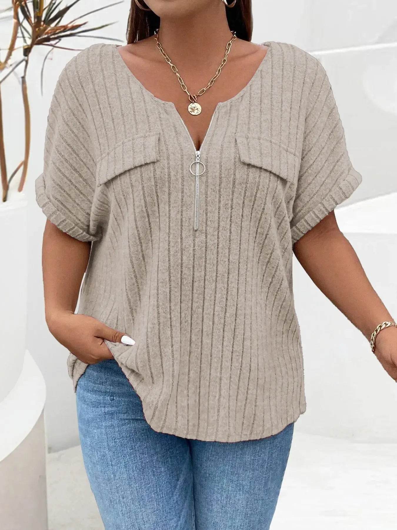 Plus Size Ribbed Half Zip Relaxed Fit T-Shirt - GiFTiFY