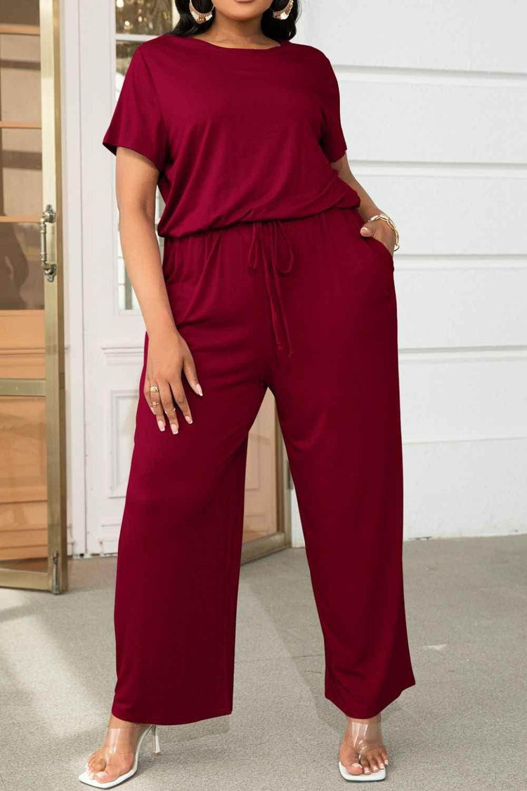 Plus Size Drawstring Waist Short Sleeve Jumpsuit - GiFTiFY