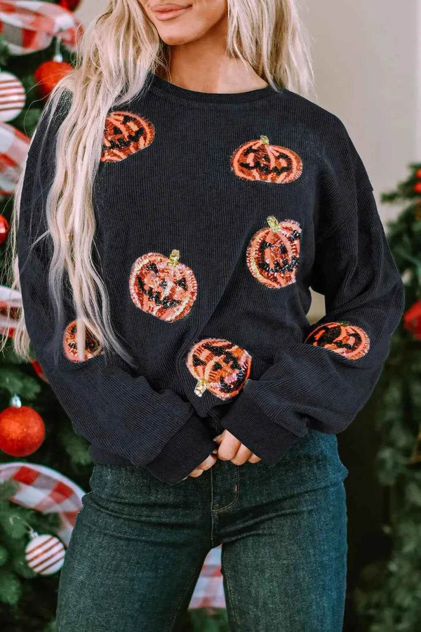 Sequin Patch Pumpkin Round Neck Sweatshirt - GiFTiFY