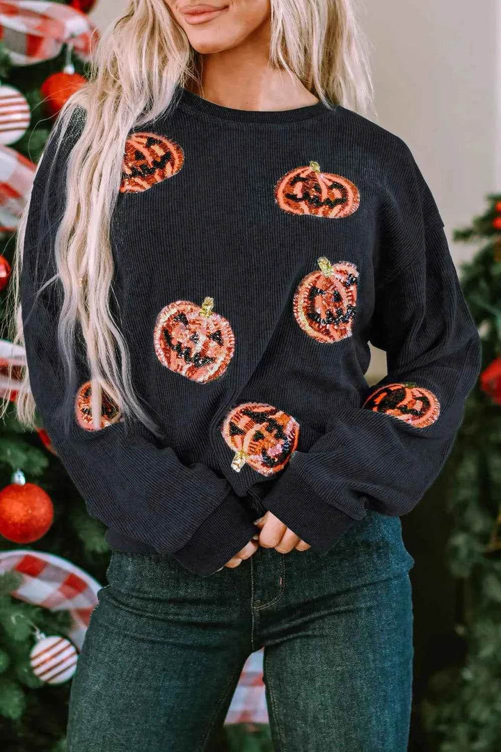 Sequin Patch Pumpkin Round Neck Sweatshirt - GiFTiFY