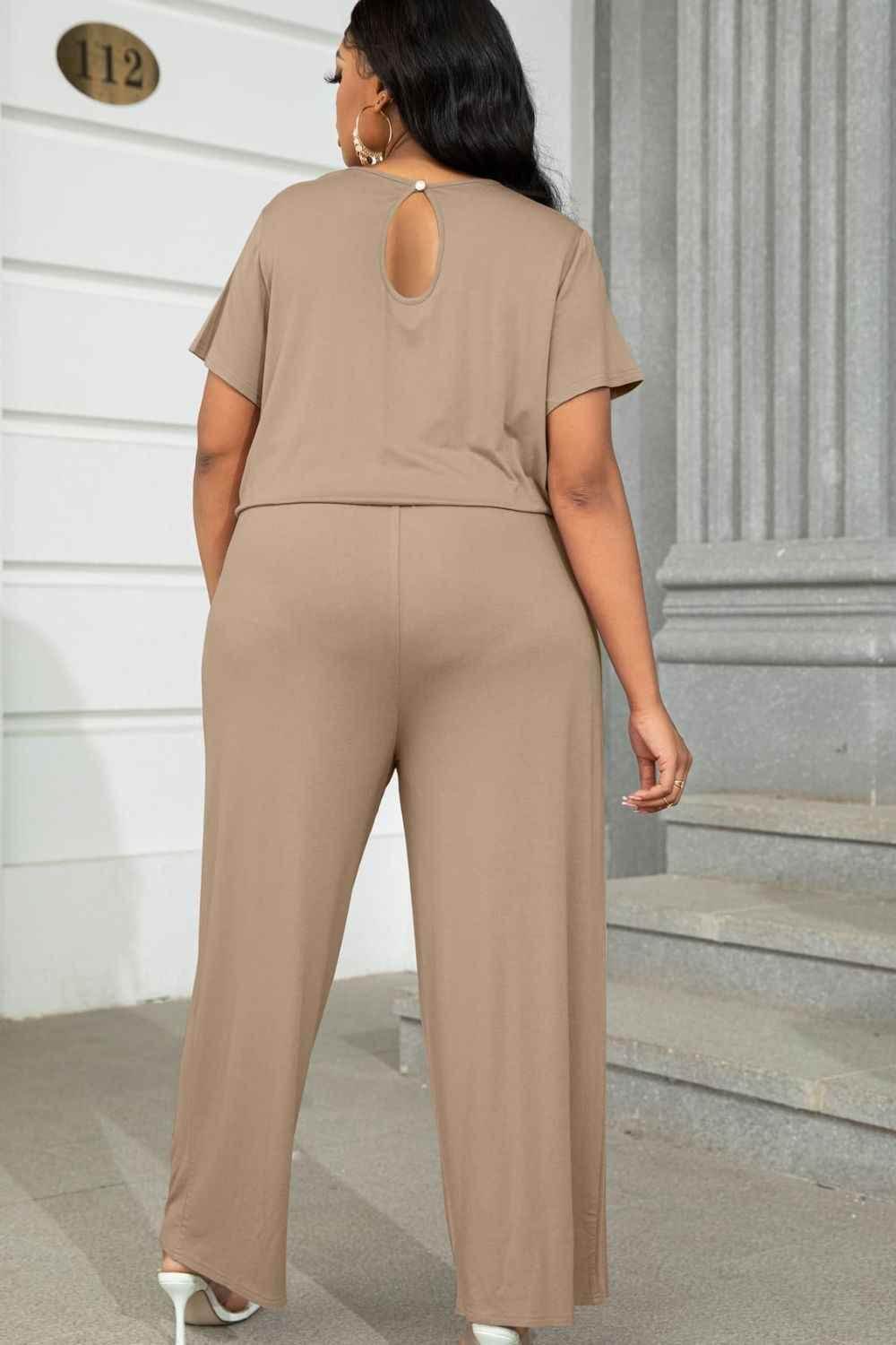 Plus Size Drawstring Waist Short Sleeve Jumpsuit - GiFTiFY
