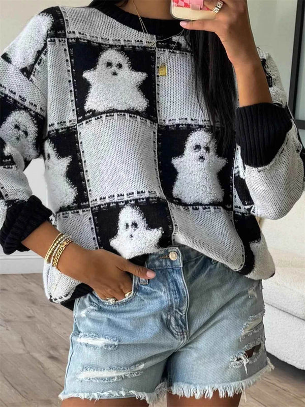 Halloween Ghost Checkered Drop Shoulder Sweater - GiFTiFY