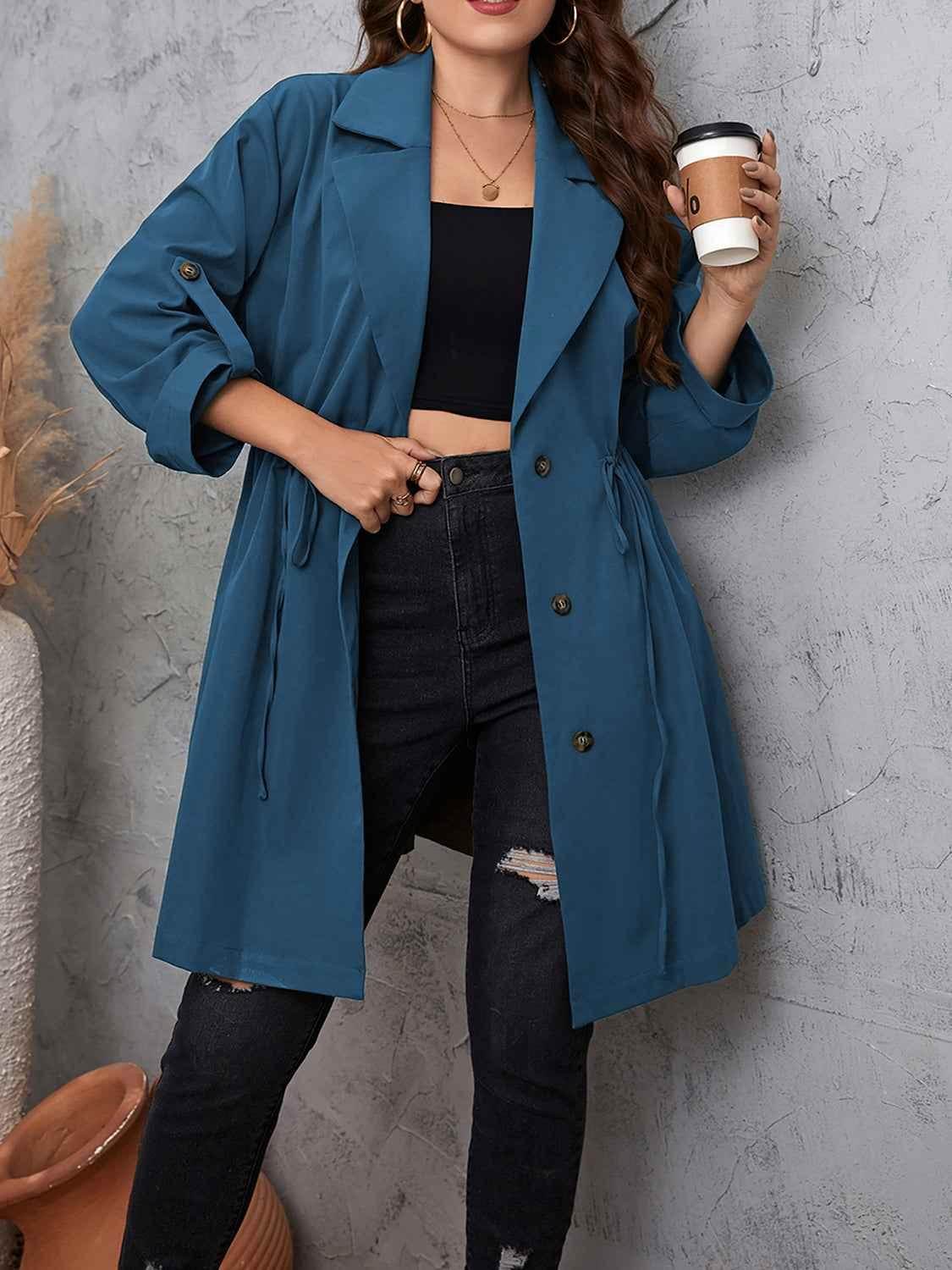 Honey Plus Size Lapel Collar Drawstring Roll-Tab Sleeve Trench Coat - GiFTiFY