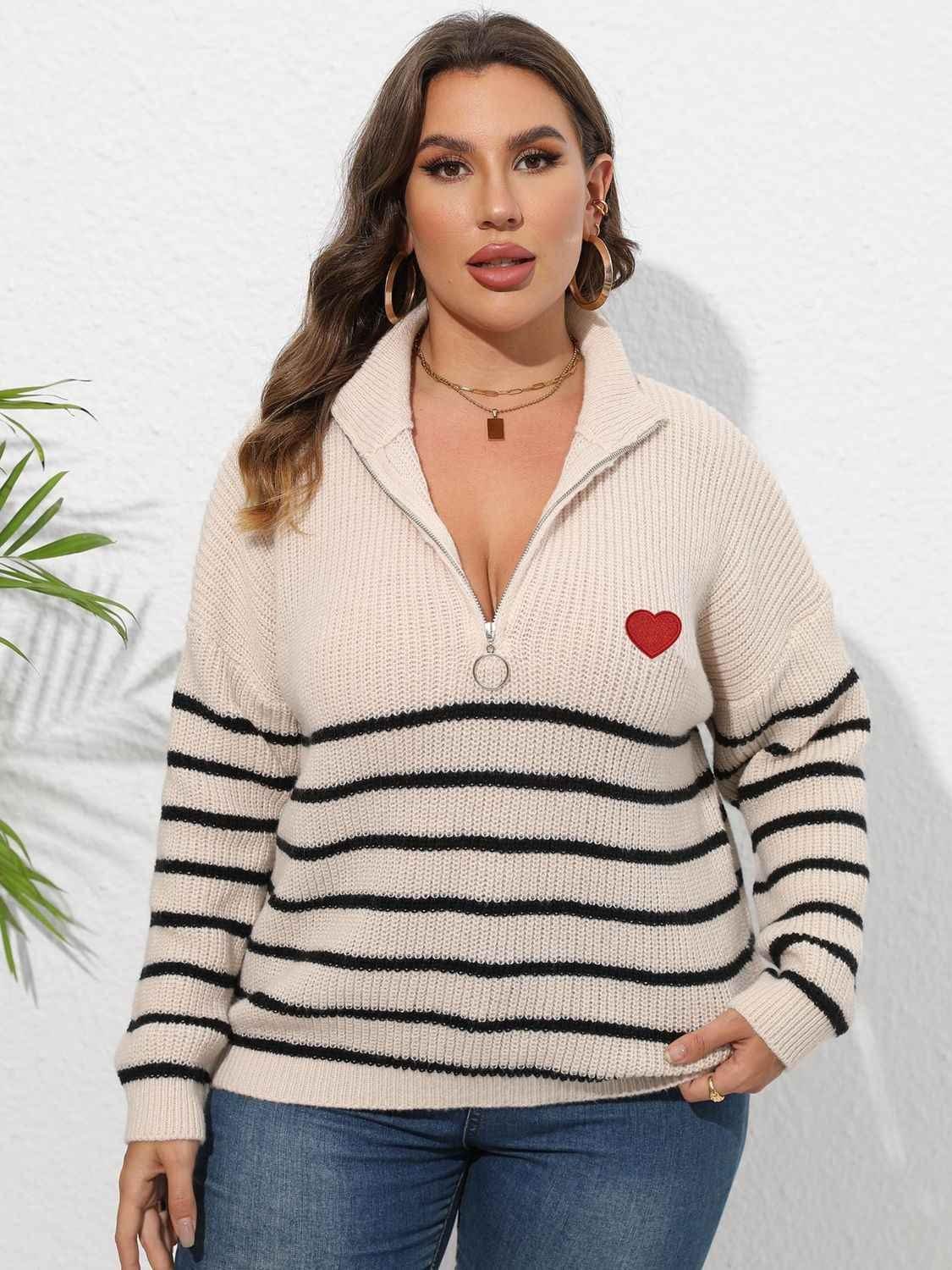 Plus Size Zip-Up Striped Sweater - GiFTiFY
