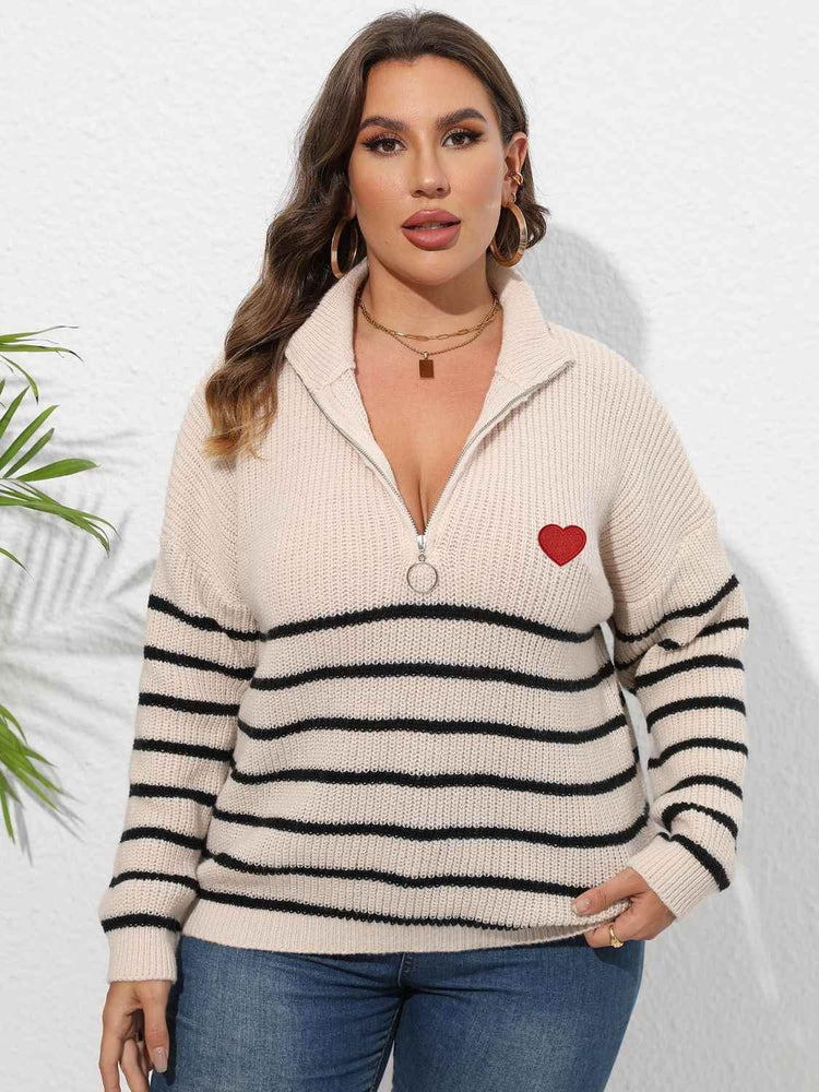 Plus Size Zip-Up Striped Sweater - GiFTiFY